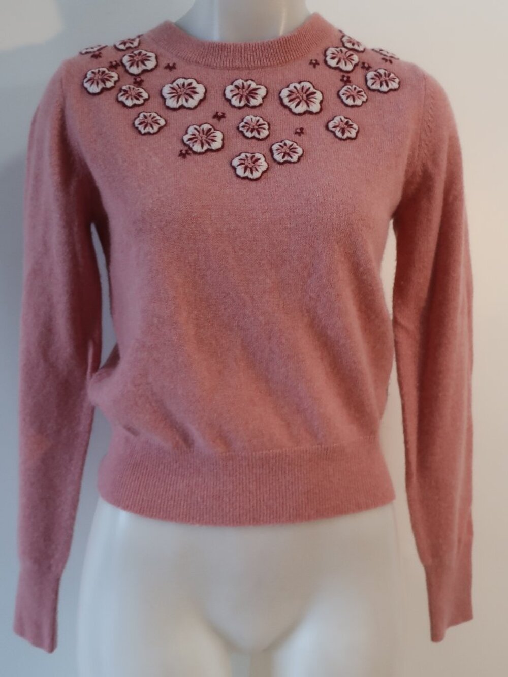 Womens White + Warren Rose Pink (Item-225) Floral Crew Neck Cashmere Sweater S